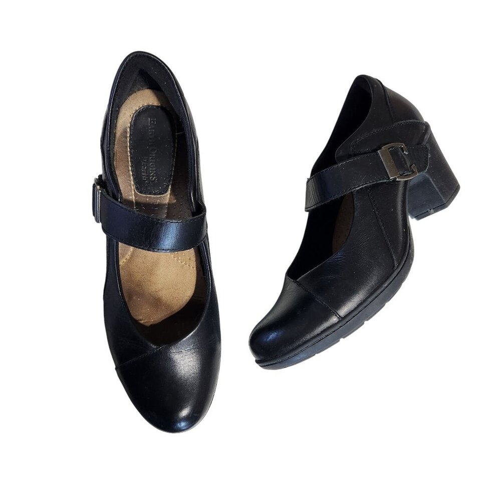 Earth Origins Black Leather Mary Jane Heels With Adjustable Strap & Chunky Heel